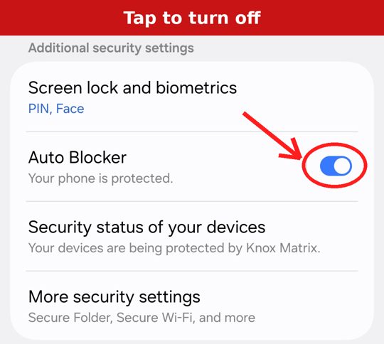 Auto Blocker switch on, tap to turn off