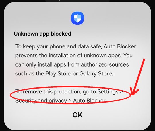 Samsung Unknown app blocked message